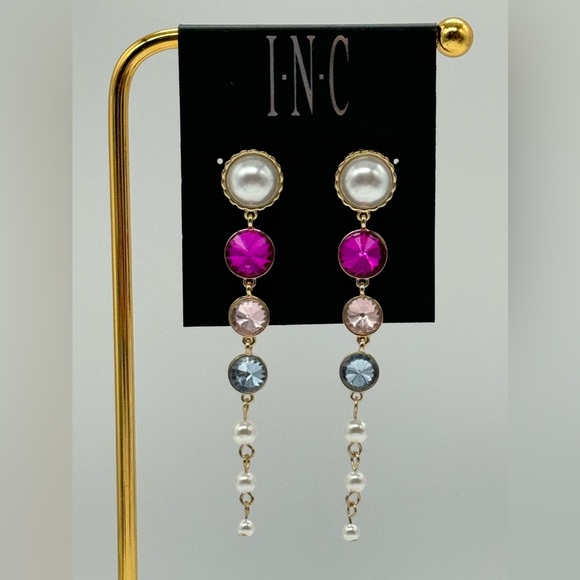 INC Drop Crystal and Faux Pearl Dangling Earrings in Gold Tone 3.5in - Picture 5 of 9
